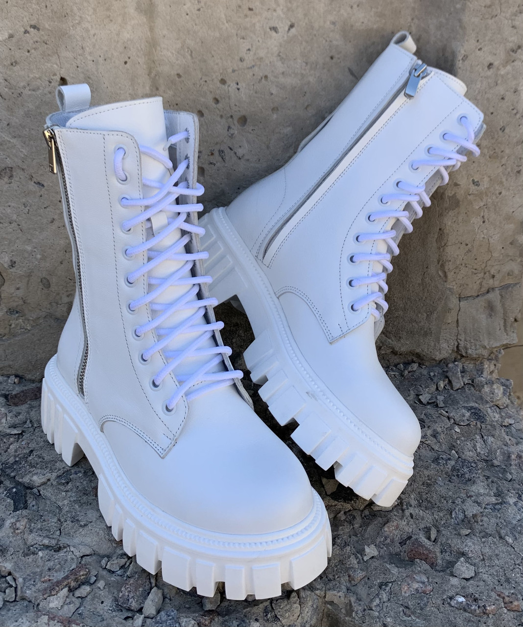 Balenciaga Tractor Жіночі високі шкіряні черевики білого кольору на шнурівці зі змійкою зима - фото 7 - id-p1463320175
