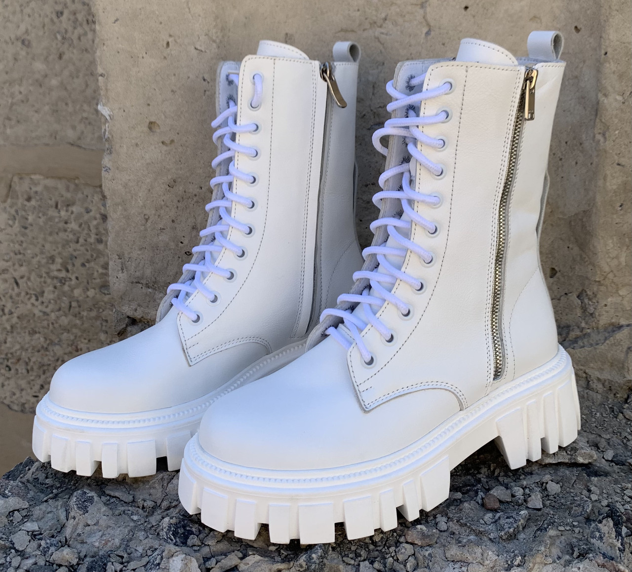 Balenciaga Tractor Жіночі високі шкіряні черевики білого кольору на шнурівці зі змійкою зима - фото 9 - id-p1463320175