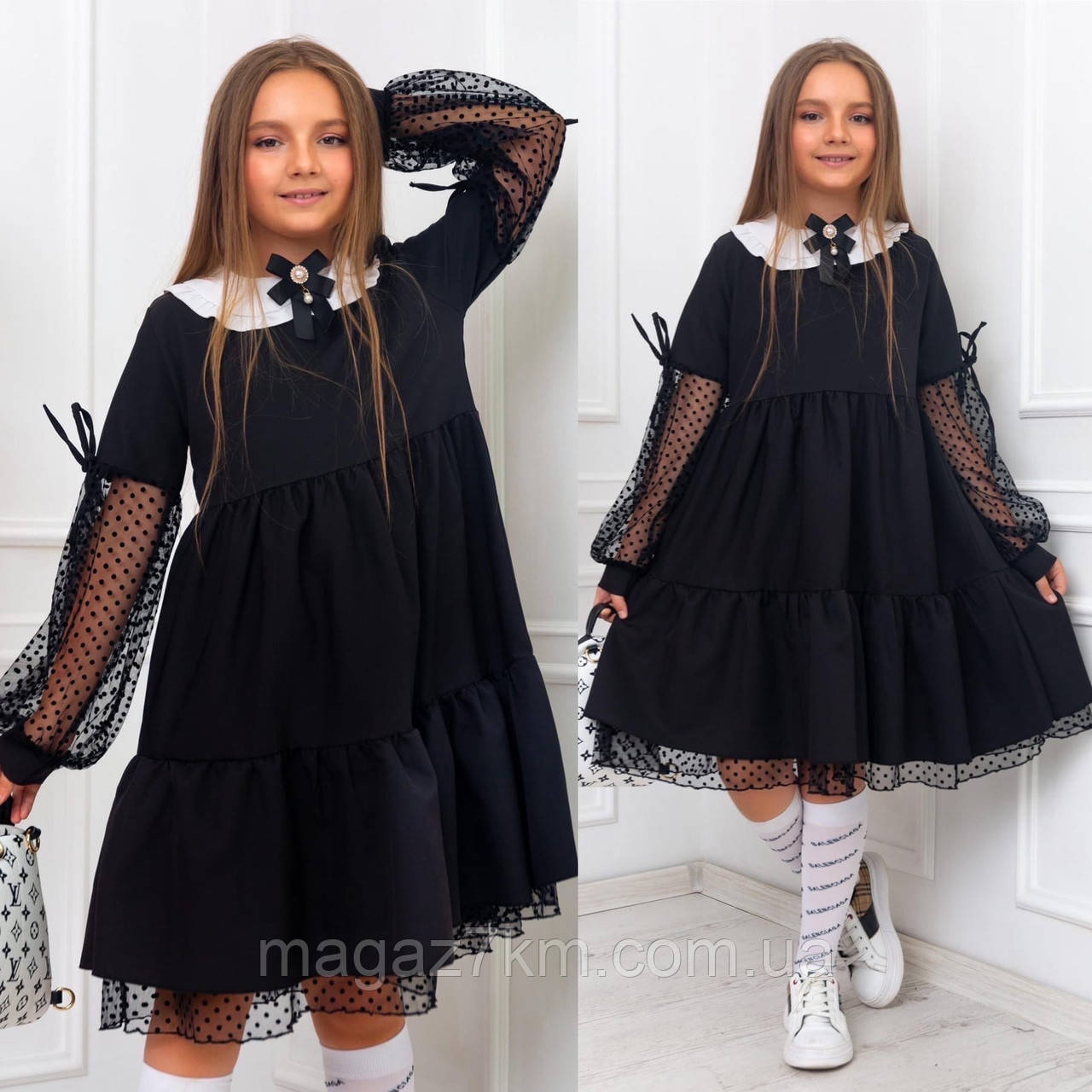 Подростковое школьное платье с белым кружевным воротничком черный, 128 - фото 1 - id-p1463468930