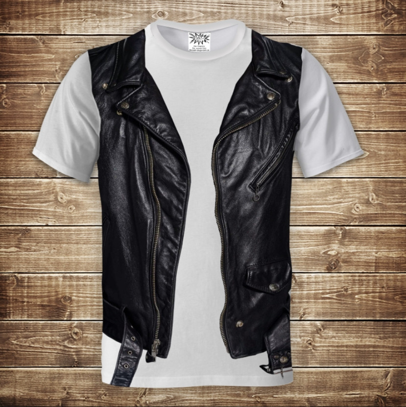 Футболка з 3D принтом Біла футболка з шкіряним жилетом ВСІ Розміри, фото 1