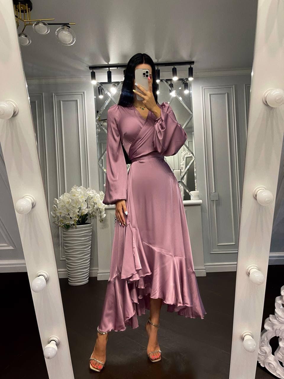 Сукня міді Цукор жіноча на запах з шовку красива ніжна з воланами Smf6397