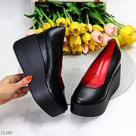 Модельные кожаные черные женские туфли натуральная кожа на платформе танкетке
