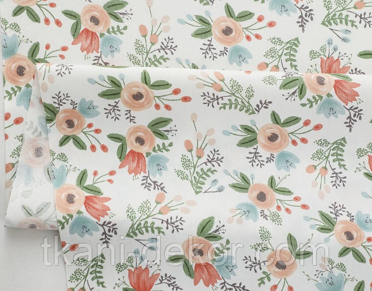 Сатин (бавовняна тканина) анімони акварельні персикові, фото 1