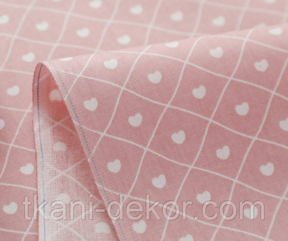Сатин (бавовняна тканина) серця в ромбах на рожевому(0,60*160), фото 1