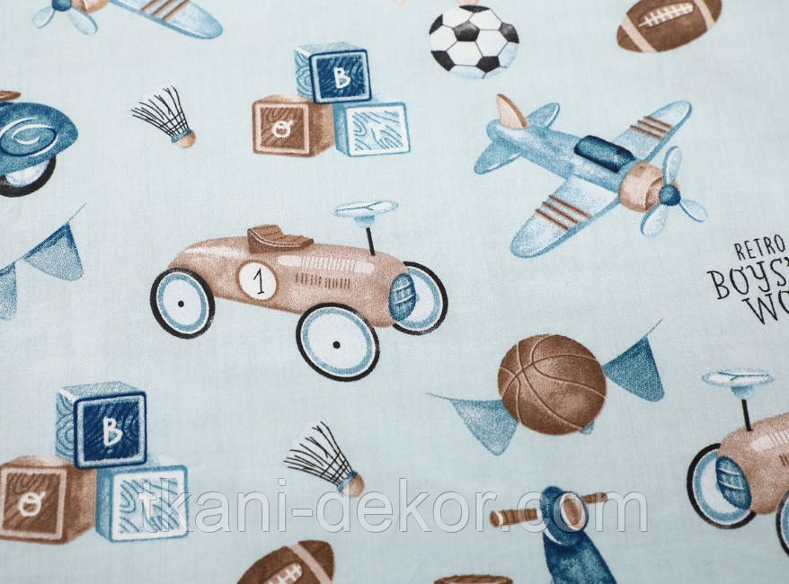 Сатин (хлопкова тканина) Машина на голубому ( 0,70*160), фото 1