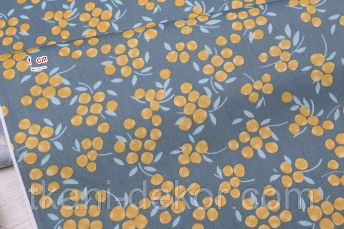 Сатин (бавовняна тканина) гродяний ягід жовтих на синьому, фото 1