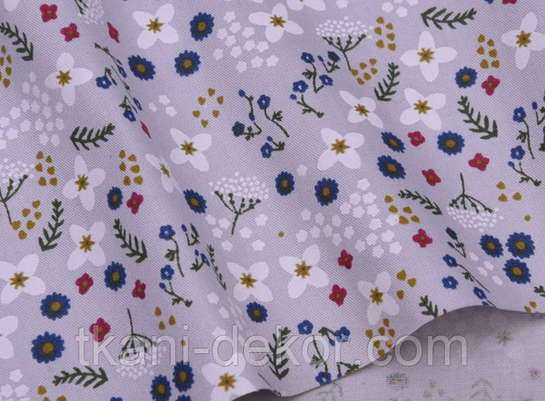 Сатин (хлопкова тканина) квіточки менші на сірому (0,75*160), фото 1