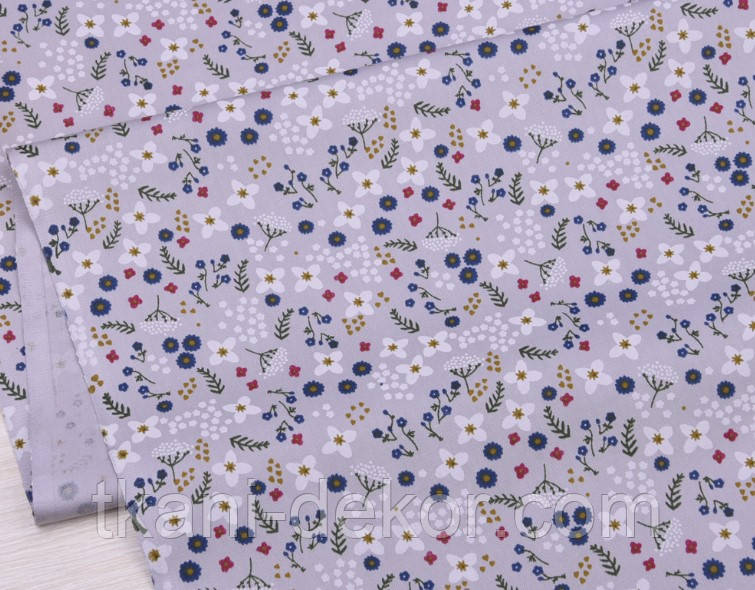 Сатин (бавовняна тканина) квіточки дрібні на сірому, фото 1