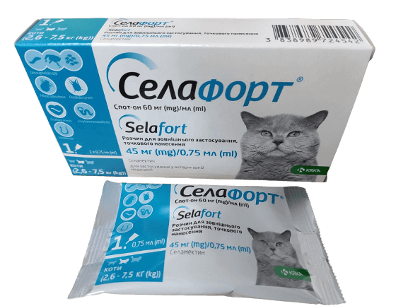 Селафорт краплі від бліх, кліщів і глистів для котів вагою від 2,6 до 7,5 кг, 1 піпетка, фото 1