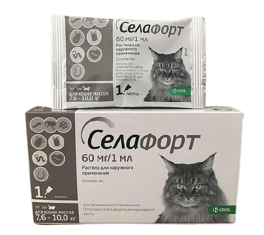 Селафорт краплі від бліх, кліщів і глистів для котів вагою від 7,6 до 10 кг, 1 піпетка, фото 1