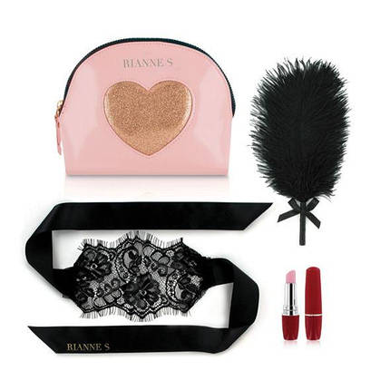 Романтичний набір Rianne S: Kit d'Amour: вібропуля, пір'їнка, маска, чохол-косметичка Pink/Gold, фото 2