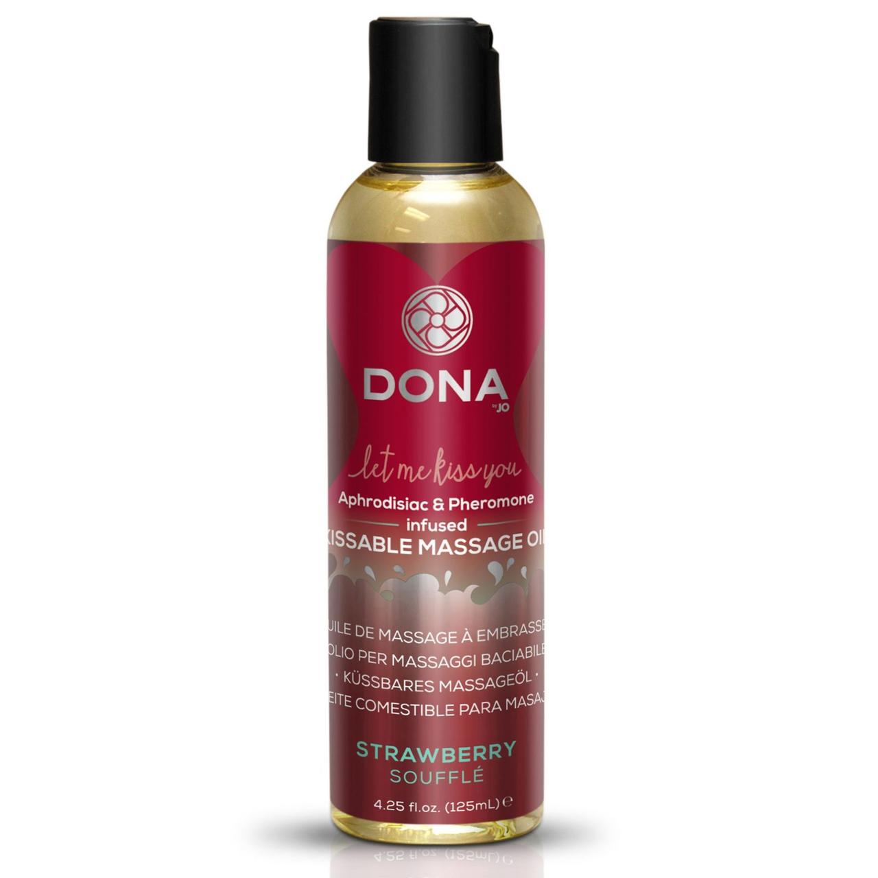 Массажное масло DONA Kissable Massage Oil Strawberry Souffle (110 мл) можно для оральных ласк - фото 1 - id-p1463722774