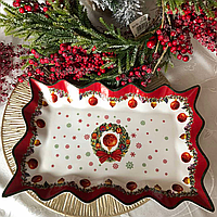 Блюдо фарфоровое сервировочное Рождественский орнамент 355мм новогодняя посуда