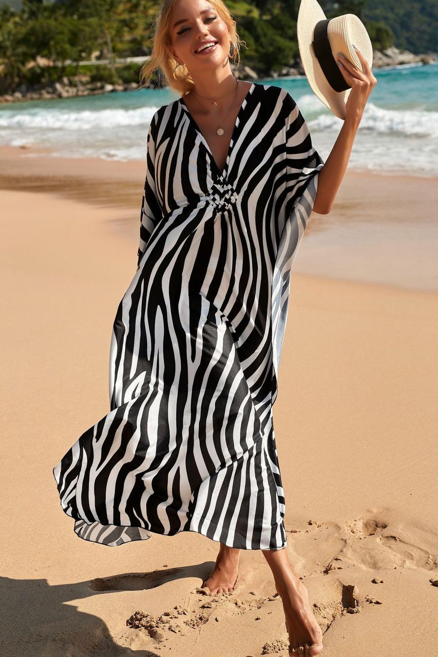 Туніка пляжна жіноча довга в чорно-білу смужку великого розміру