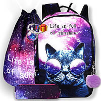 Шкільний рюкзак Космос із модним принтом Кіт в окулярах 5в1, Runningtiger з пеналом, сумкою, помпоном і кулоном