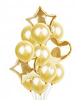 Набор воздушных и фольгированных шаров золото со звездами и сердцем 12 шт. Китай