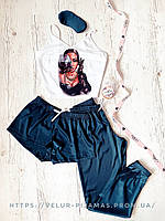 Пижама: штаны, шорты и майка женская шелковая с принтом Wine зелёная