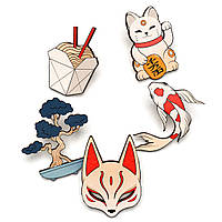 Набор деревянных значков на одежду (Японские маски #1) пины из фанеры, брелок, брошь из дерева