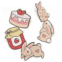 Набор деревянных значков на одежду (Игривые кролики #1) пины из фанеры, брелок, брошь из дерева