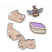 Набор деревянных значков на одежду (Игривые кролики #2) пины из фанеры, брелок, брошь из дерева