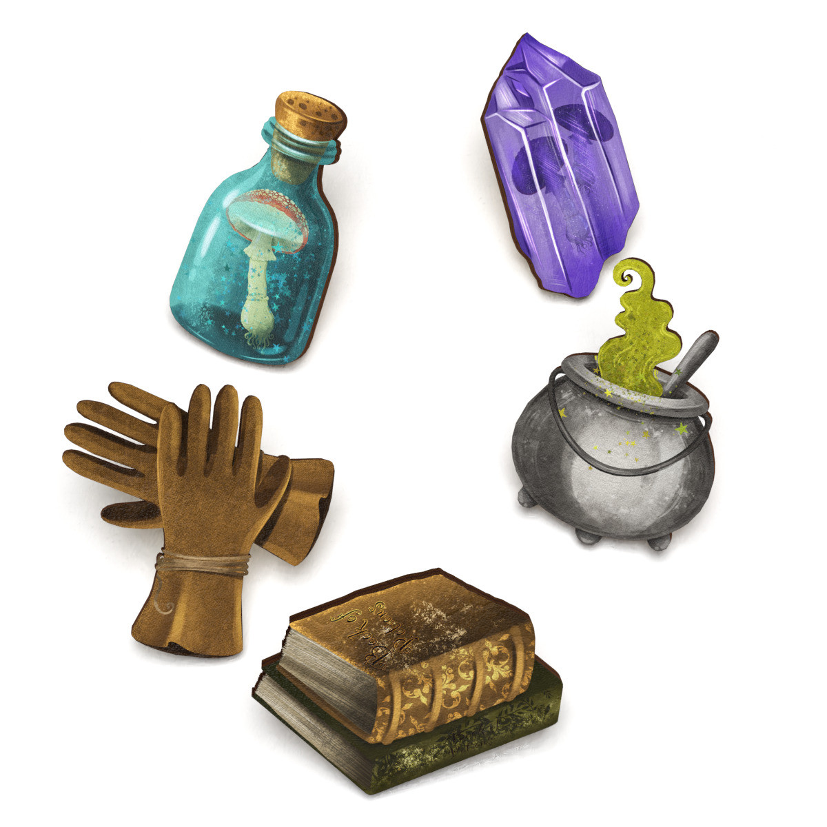 Набір дерев'яних значків на одяг (Магічні інструменти #2) піни з фанери, брелок, брошка з дерева