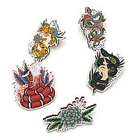 Набор деревянных значков на одежду (Змеи в цветах #2) пины из фанеры, брелок, брошь из дерева