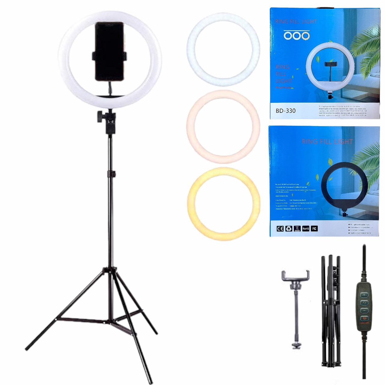 Кільцева селфи лампа RING FILL LIGHT BD-330 (33см.) зі штативом (210см.) та тримачем для телефону, 14 Вт