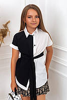 Стильная школьная подростковая блузка с поясом черно-белого цвета