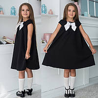 Свободное расклешенное детское школьное платье в клетку с белым бантом 134, Черный