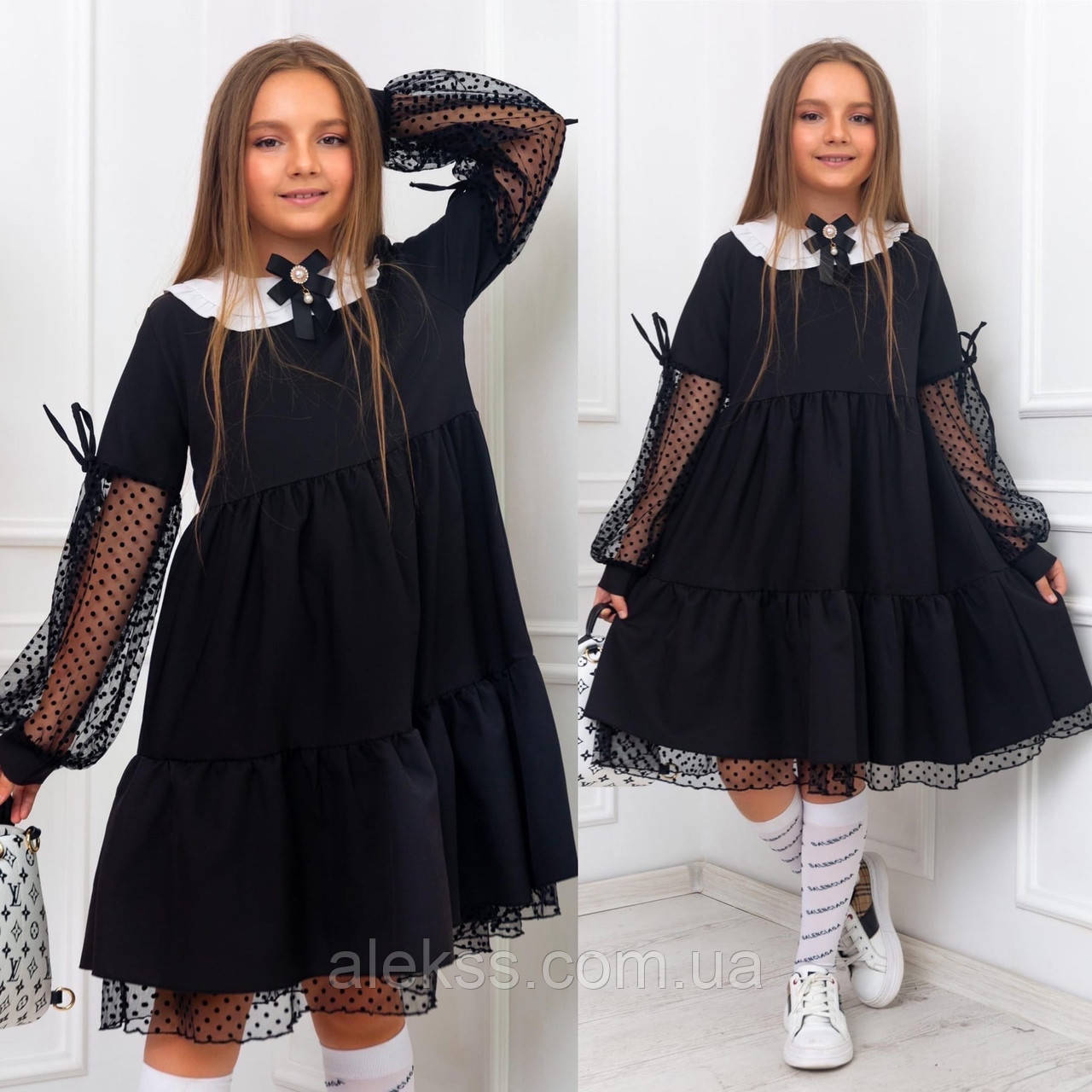 Подростковое школьное платье с белым кружевным воротничком 134, Черный - фото 1 - id-p1464142023