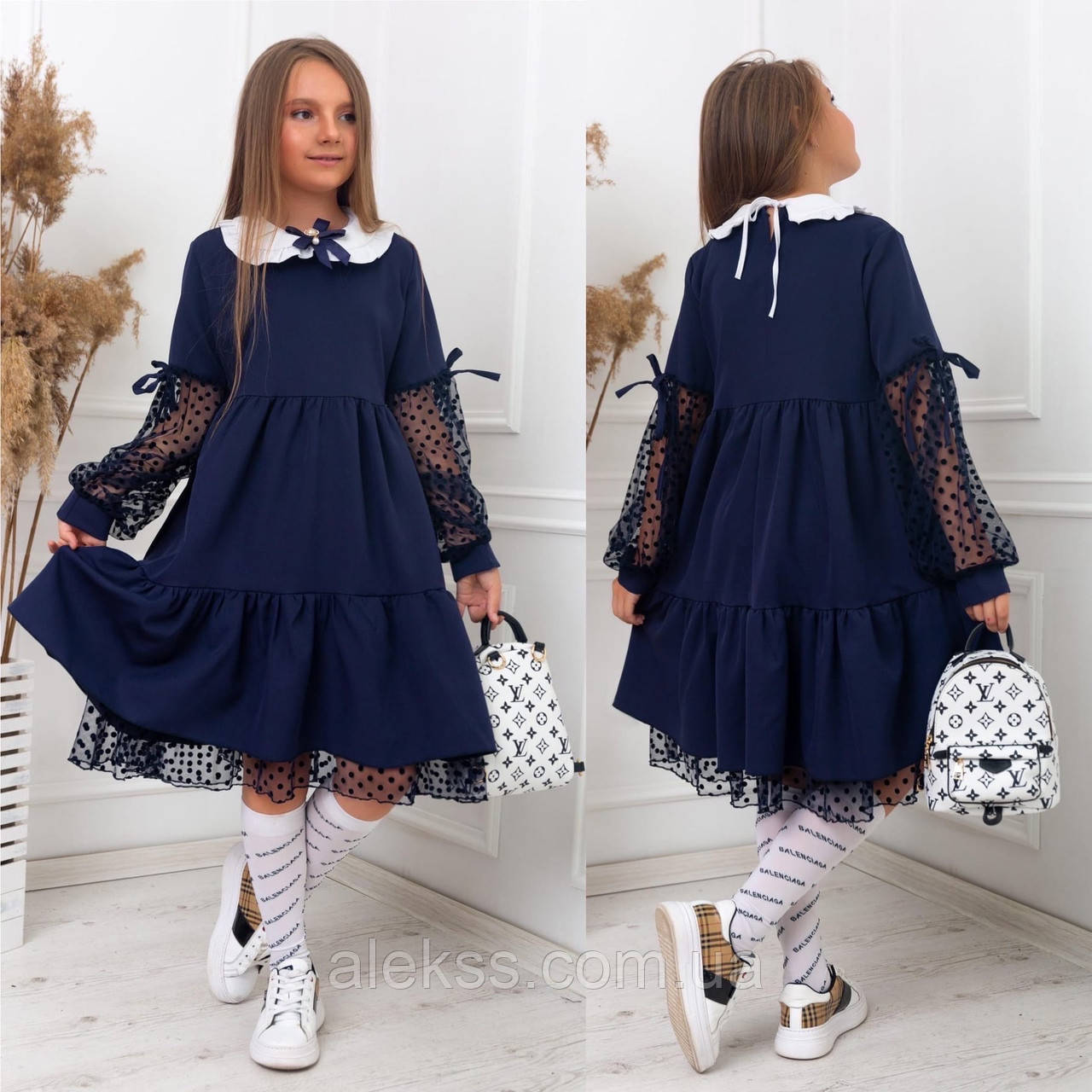 Подростковое школьное платье с белым кружевным воротничком 128, Темно-синий - фото 1 - id-p1464142027