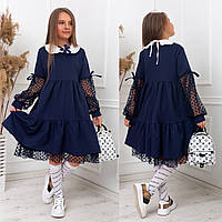 Подростковое школьное платье с белым кружевным воротничком 152, Темно-синий