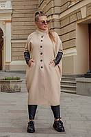 Стильное длинное кашемировое женское пальто в больших размерах на пуговицах свободного кроя