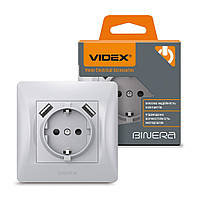 Розетка c заземлением VIDEX Binera VF-BNSK1GU2-SS с двумя USB серебряный шёлк