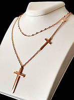 Подвійний ланцюжок Stainless Steel. Сталь. Позолота ЧВ. Довжина: 40-44 см з хрестиками 1-2-3 см