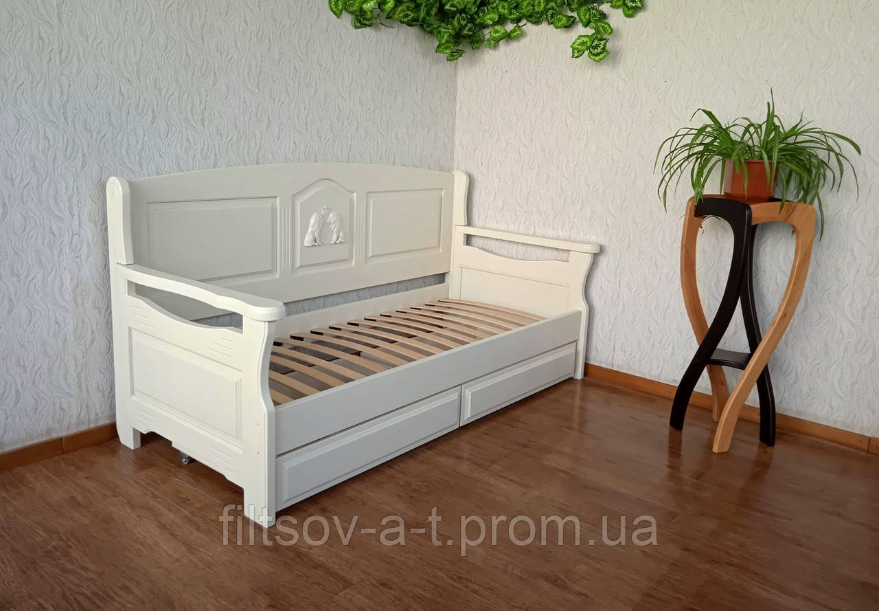 Білий дерев'яний диван-ліжко "Орфей Преміум" з шухлядами з масиву натурального дерева від виробника