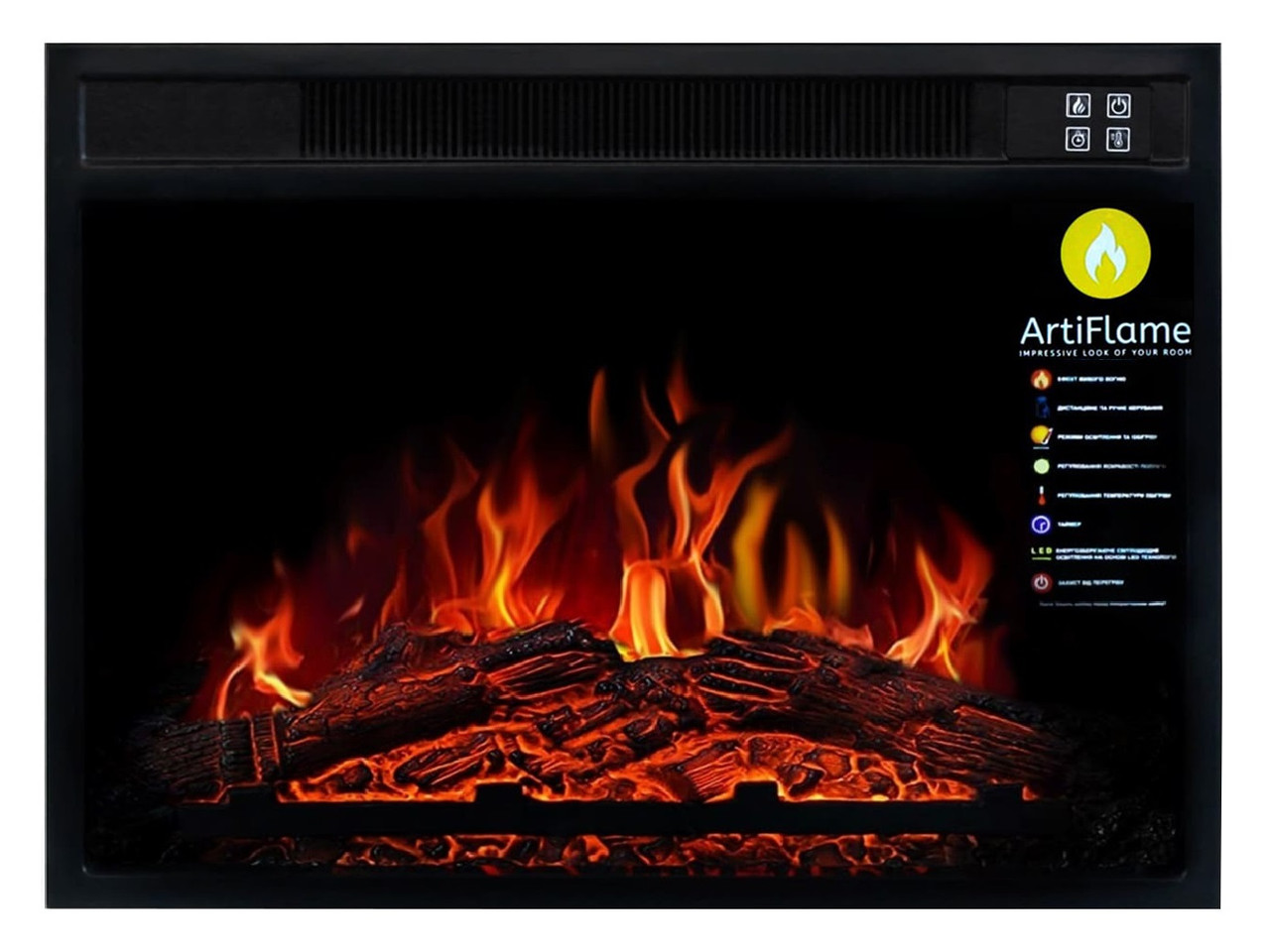 Електрокамін ArtiFlame AF23S ефект живого полум'я та тління полін зі звуком та обігрівом