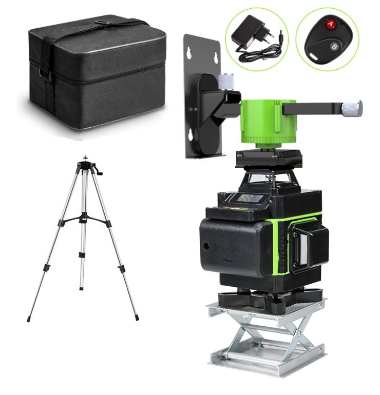 СУПЕРЯРКИЙ!!! ЗЕЛЕНИЙ ЛУЧ + ПУЛЬТ! Лазерний рівень Hilda 4D 16 ліній + штатив 1.2 м, фото 1