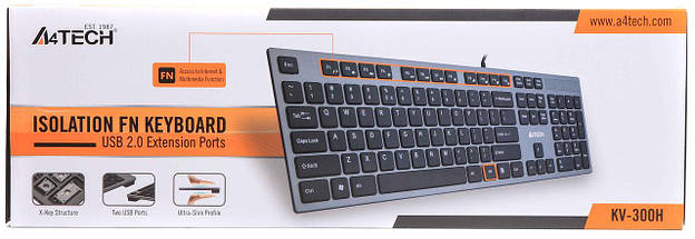 Клавіатура A4Tech KV-300H з USB-хабом (2 вбудованих юсб порти), тонка, тиха, низькопрофільні клавіші, фото 3