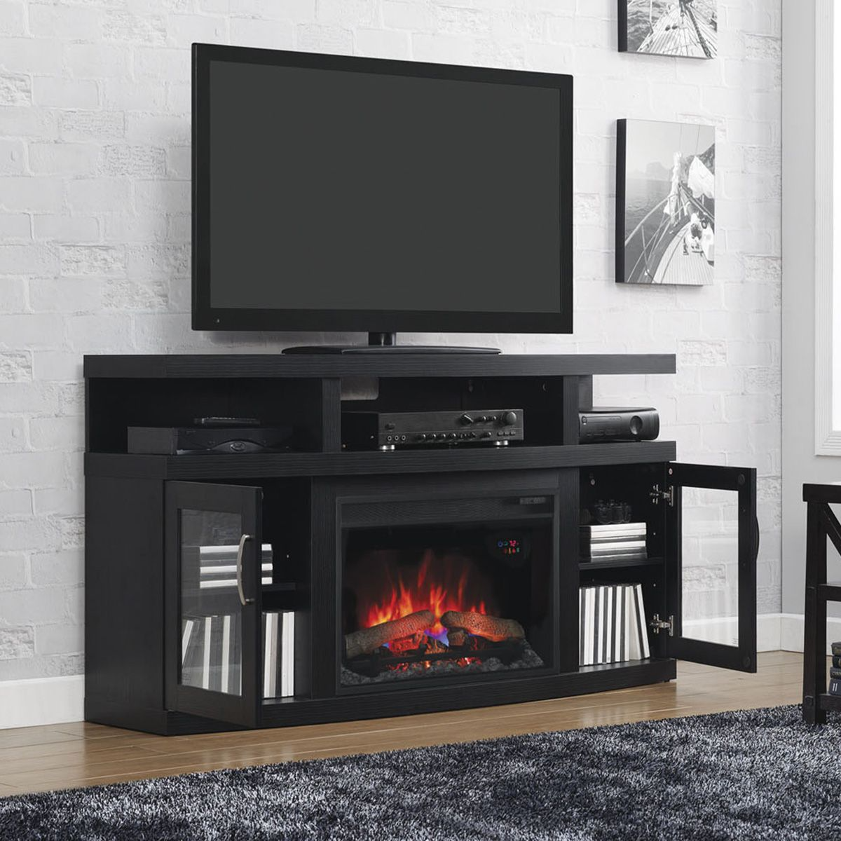 ТБ тумба з електро каміном Fireplace Мадрид Чорний ефект живого вогню зі звуком і обігрівом
