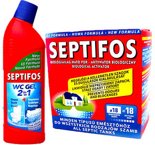 Бактерії для септиків та очисних споруд (пакетики), 648 г (18 пак) + Біо гель для туалету Vigor, 750 мл - Septifos