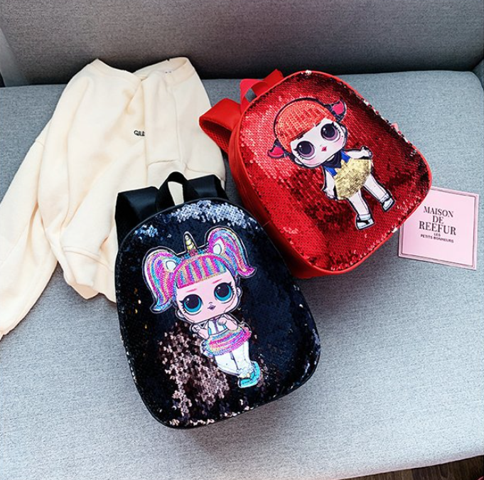 Дитячі рюкзаки з паєтками та принтом ляльки