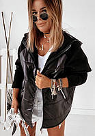 Демисезонная куртка женская из стеганной лаковой плащевки с тканевыми рукавами (р. 42-48) 40kr642 48/50, Черный