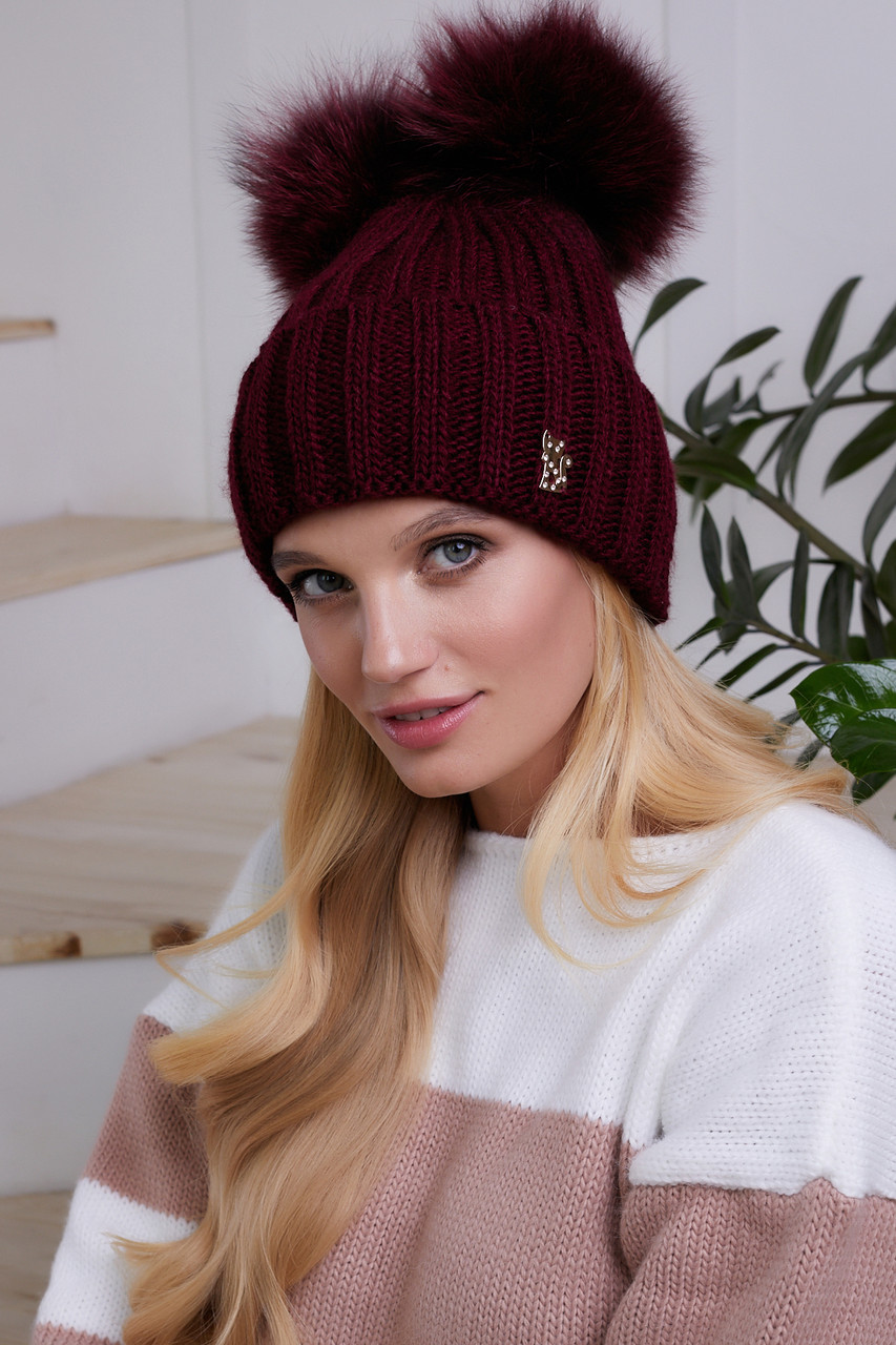 Жіноча шапка Емілія з 2 помпонами, фото 1
