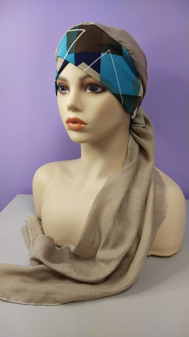 Чалма літня 54-60 рр бежевая однотонна марлевка на пов'язці "Вуалька" натуральна тканина, фото 1
