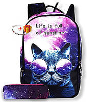 Стильный школьный рюкзак с пеналом Космос с котом в очках 2в1 Runningtiger, Городские рюкзаки с принтом