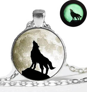 Кулон, що світиться в темряві, підвіска з лінзою, з люмінофором нічний вовк колір фурнітури срібло