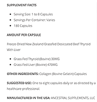 Ancestral Supplements Beef Thyroid/підтримання Щитоподібної залози 180 капсул BX586, фото 2