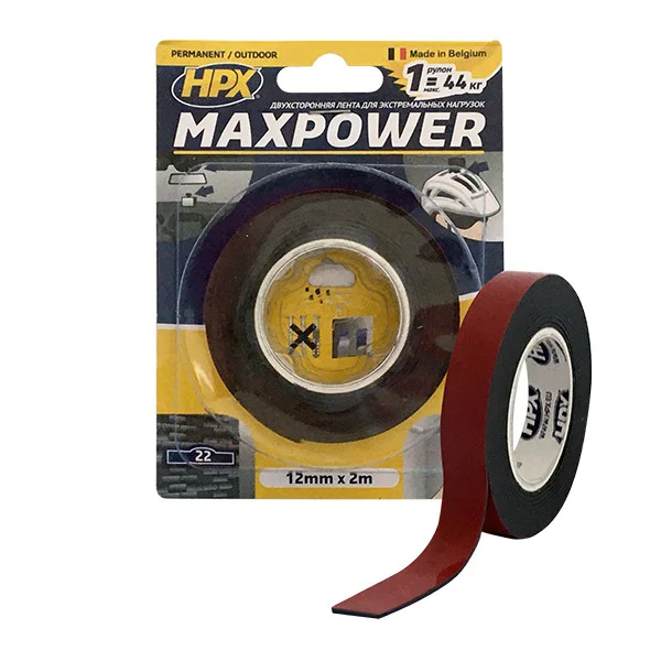 MAXPOWER OUTDOOR — 12 мм х 2 м — чорна двостороння стрічка HPX (скотч) для екстремальних навантажень