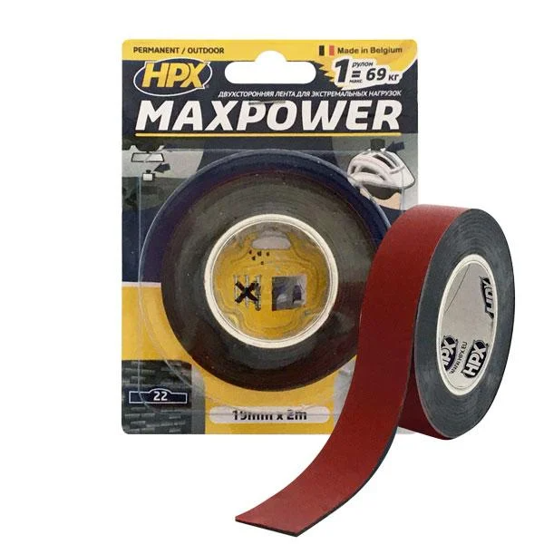 MAXPOWER OUTDOOR — 19 мм х 2 м — чорна двостороння стрічка HPX (скотч) для екстремальних навантажень